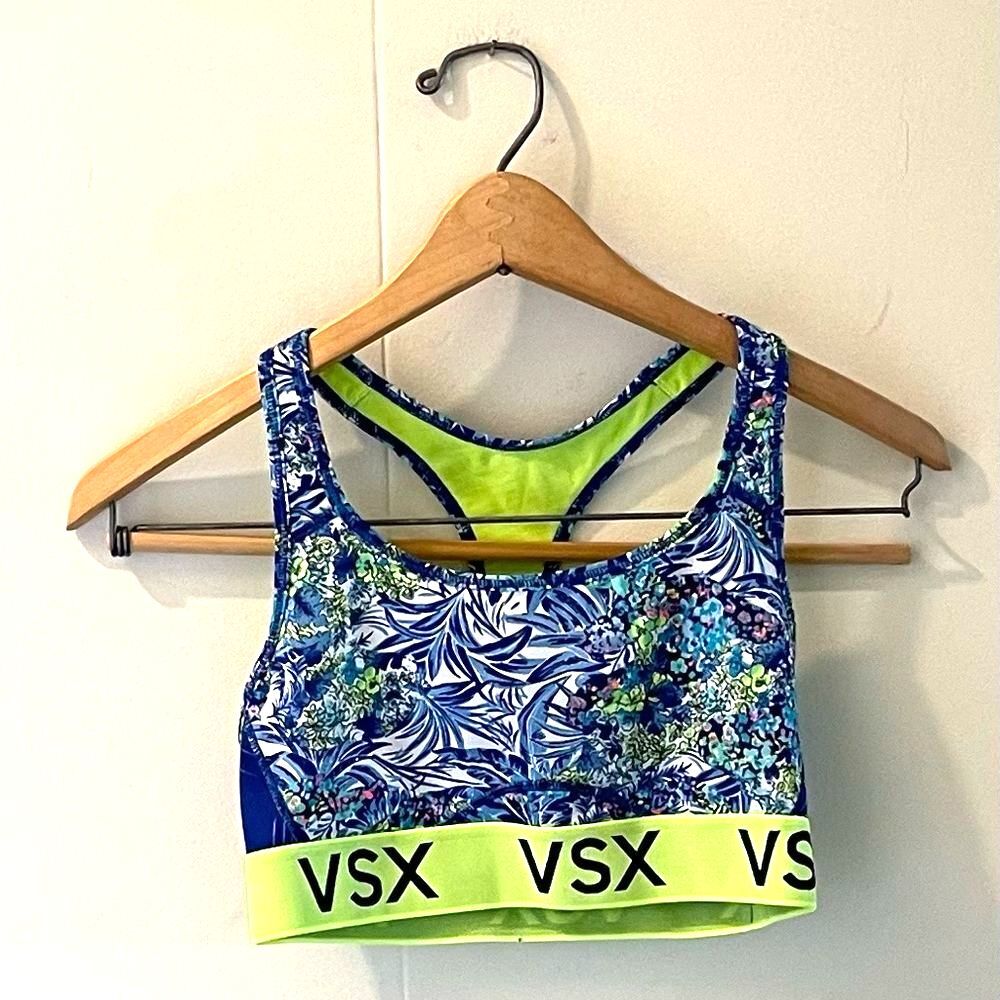 Victoria's Secret VSX Sports Bra Sm Neon Green Tropical Floral Print Racerback